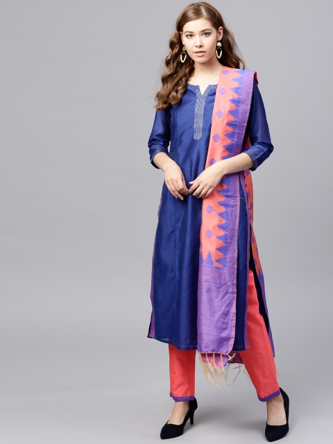 

Jaipur Kurti Women Navy Blue & Coral Pink Solid Kurta with Trousers & Dupatta