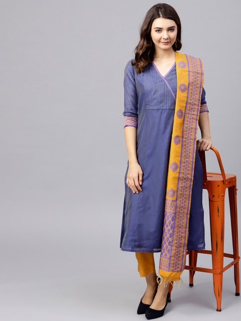 

Jaipur Kurti Women Navy Blue & Yellow Yoke Design Kurta with Trousers & Dupatta