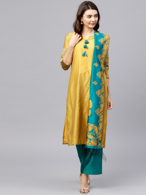 

Jaipur Kurti Women Mustard Yellow & Green Solid Kurta with Palazzos & Dupatta
