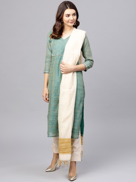 

Jaipur Kurti Women Green & Off-White Solid Kurta with Trousers & Dupatta