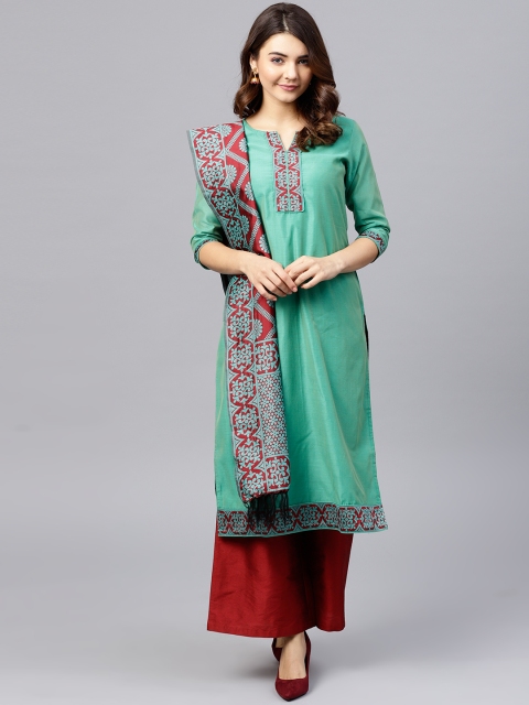 

Jaipur Kurti Women Green & Maroon Solid Kurta with Palazzos & Dupatta