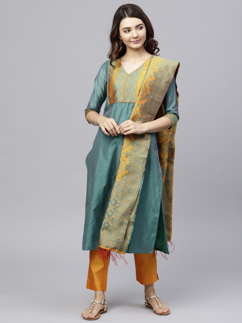 

Jaipur Kurti Women Green & Orange Yoke Design Kurta with Trousers & Dupatta
