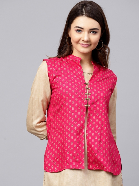 

Jaipur Kurti Pink & Golden Ethnic Print Shrug