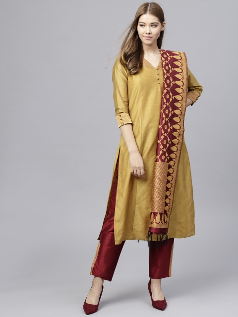 

Jaipur Kurti Women Mustard Yellow & Maroon Solid Kurta with Trousers & Dupatta