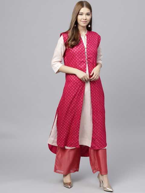 

Jaipur Kurti Pink & Golden Ethnic Print Longline Shrug