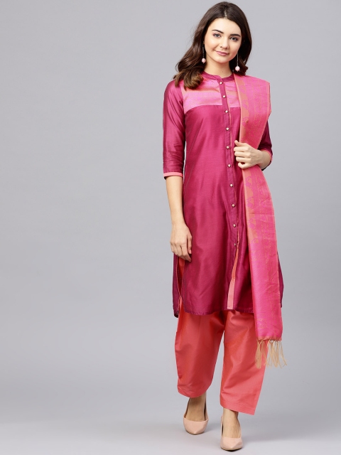 Jaipur Kurti Women Magenta & Coral Pink Solid Kurta with Salwar & Dupatta
