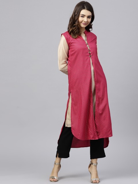 

Jaipur Kurti Pink & Golden Printed Longline Shrug
