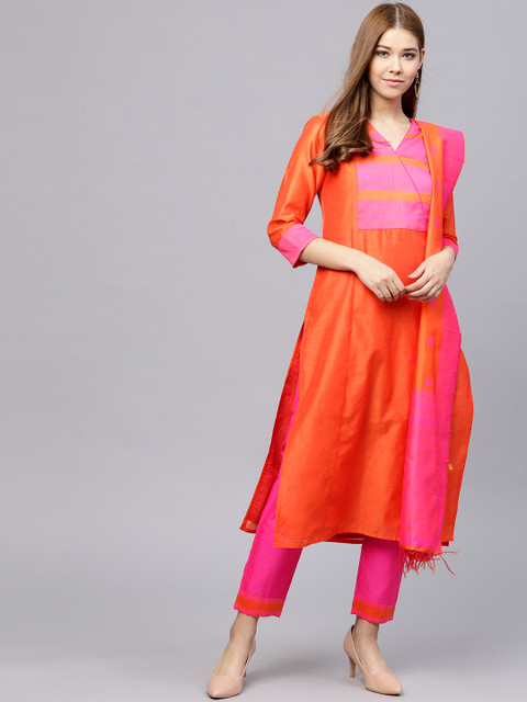 

Jaipur Kurti Women Orange & Pink Yoke Design Kurta with Trousers & Dupatta