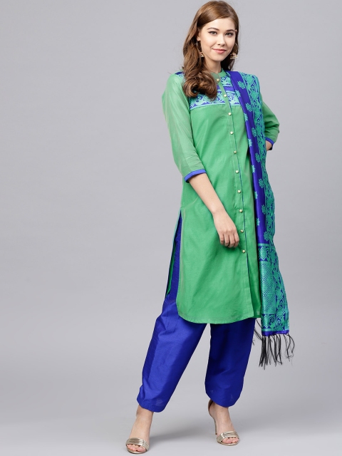 

Jaipur Kurti Women Green & Blue Yoke Design Kurta with Salwar & Dupatta