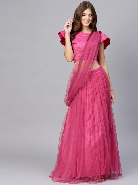 

Inddus Pink Solid Net Lehenga Saree