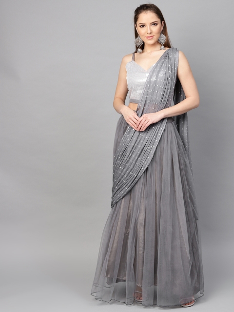 

Inddus Grey & Silver Net Embellished Lehenga Saree