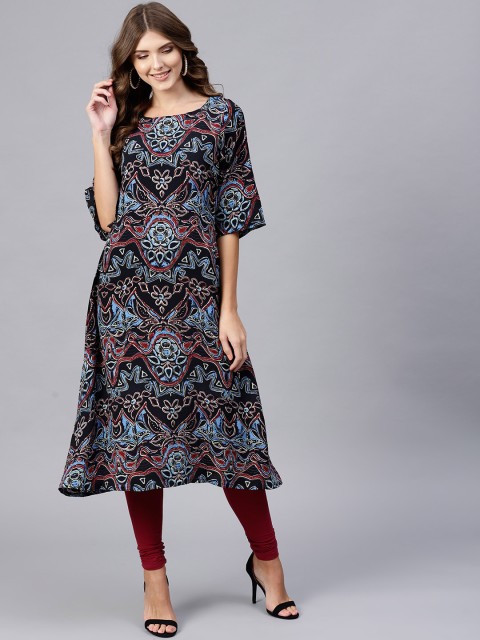 

Inddus Women Black & Blue Printed A-Line Kurta