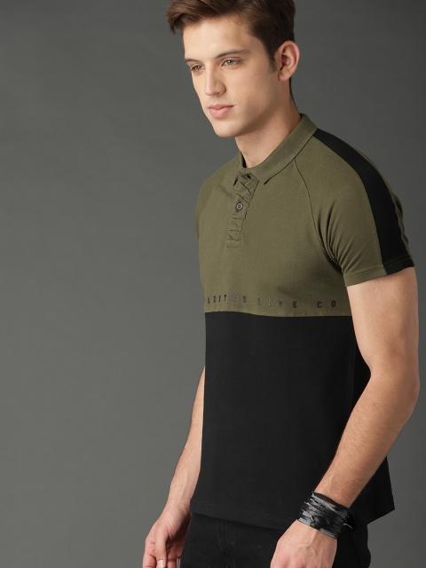 

Roadster Men Olive Green Colourblocked Polo Collar T-shirt