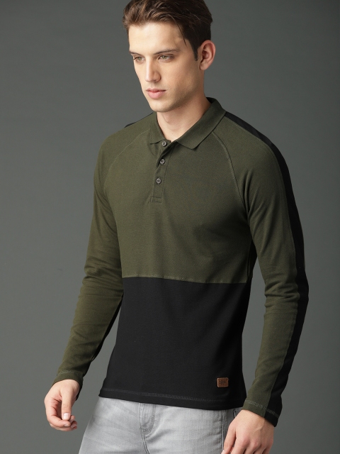 

Roadster Men Olive Green & Black Colourblocked Polo T-shirt