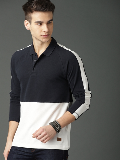 

Roadster Men Navy Blue White Colourblocked Polo Pure Cotton T-shirt