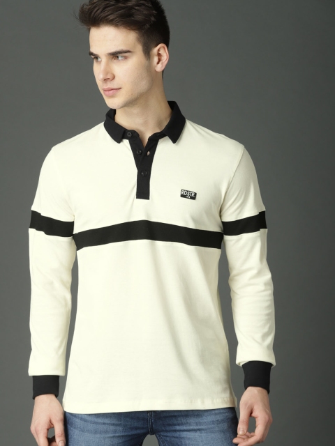 

Roadster Men Cream-coloured Striped Polo Collar T-shirt
