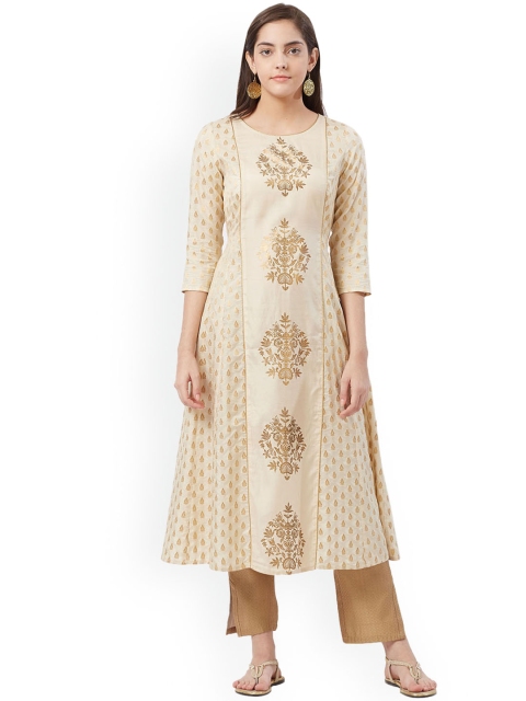

Fusion Beats Women Beige & Gold-Coloured Printed A-Line Kurta