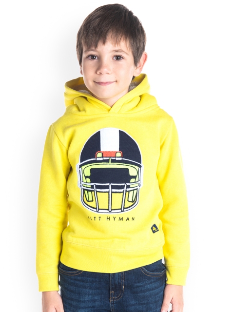 

Cherry Crumble Boys Yellow Printed Hooded Sweatshirt