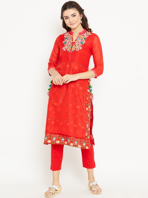 

Biba Women Red Embroidered Straight Kurta