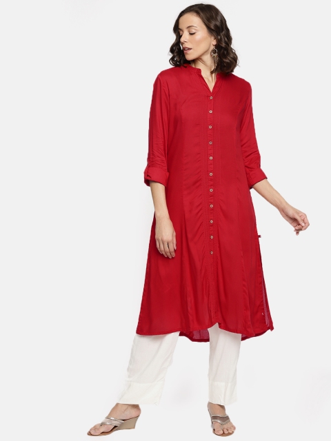 

Biba Women Red Solid Straight High-low Kurta