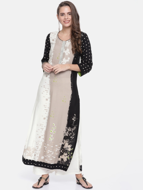 

Biba Women Off-White & Grey Colourblocked Straight Kurta with Floral Print Detail