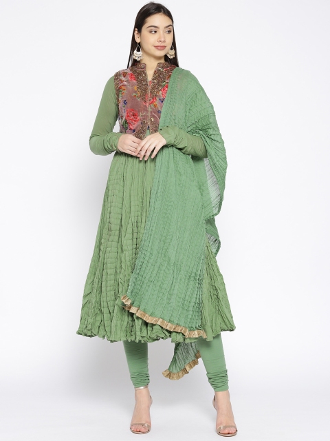 

Biba Women Olive Green Solid Kurta with Churidar & Dupatta