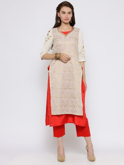 

Biba Women Off-White & Red Woven Design Straight Kurta