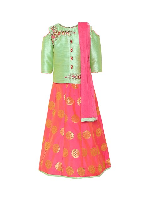 

Aarika Girls Green & Pink Embroidered Ready to Wear Lehenga & Blouse with Dupatta
