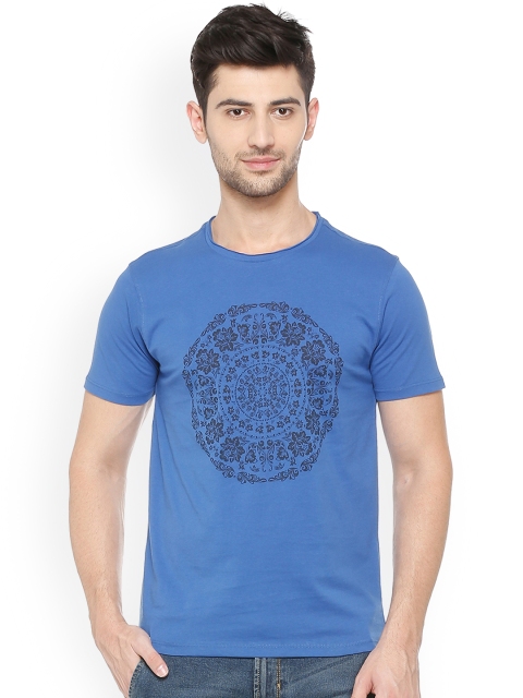 

V Dot Men Blue Printed Round Neck T-shirt