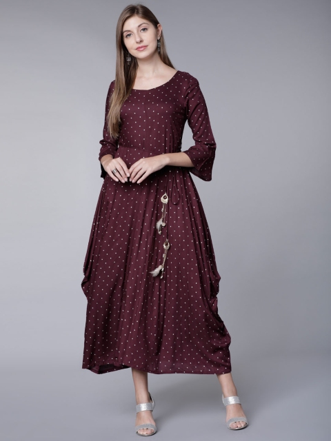 

Vishudh Women Burgundy Printed A-Line Dress