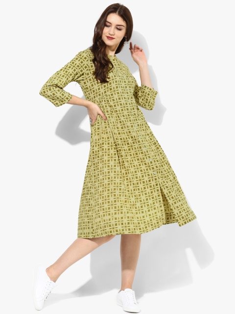 

Band Collar 3/4Th Sleeves Dabu Print Flare Kurta With Gather Detail At Waist, Olive