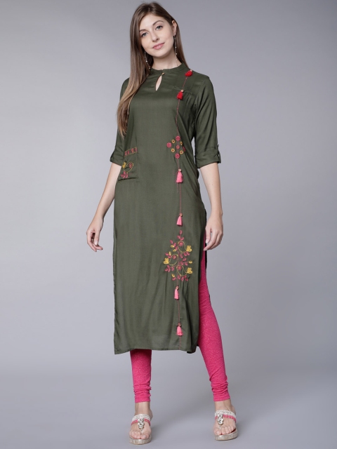 

Vishudh Women Olive Green Printed Straight Kurta