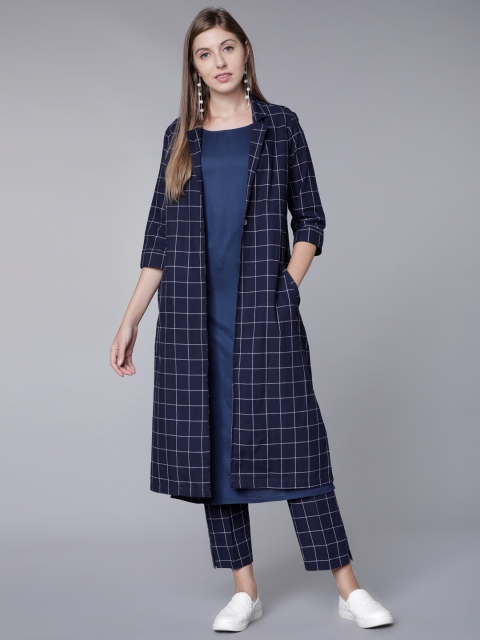 

Vishudh Women Navy Blue & White Solid Kurta with Trousers