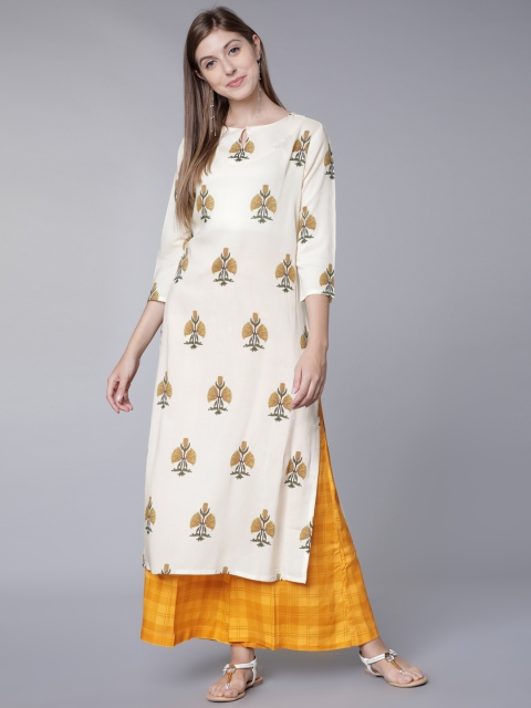 

Vishudh Women Yellow & White Printed Kurta with Palazzos