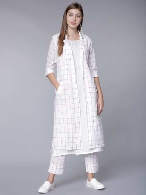 

Vishudh Women White & Maroon Solid Kurta with Trousers