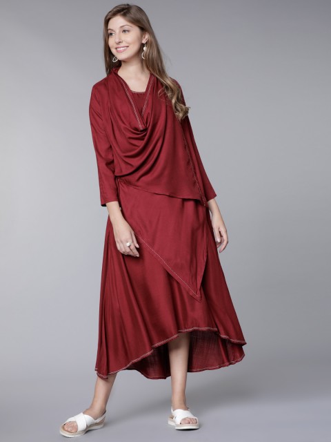 

Vishudh Women Burgundy Solid A-Line Dress