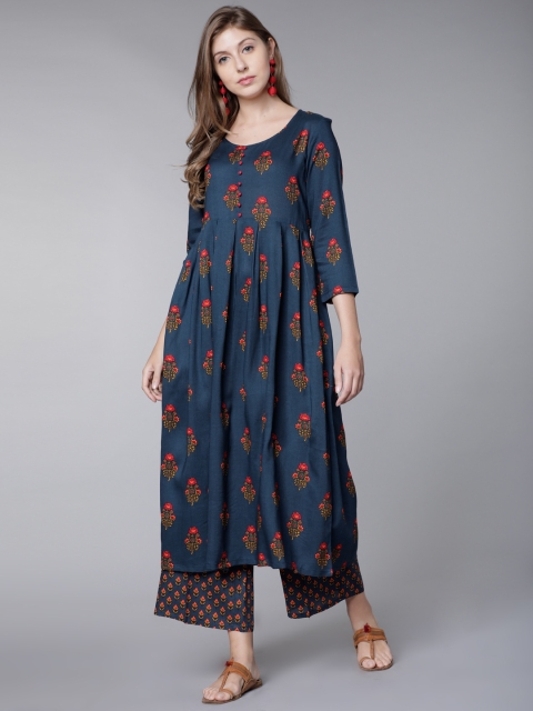 

Vishudh Women Teal & Orange Printed Kurta with Palazzos
