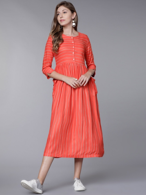 

Vishudh Women Red Striped Fit and Flare Dress