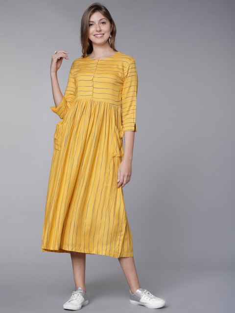 

Vishudh Women Mustard Striped Fit and Flare Dress