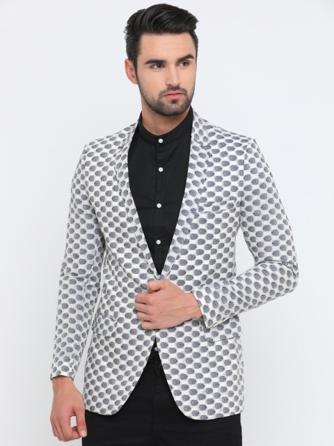

SHOWOFF Men White & Blue Printed Pure Cotton Blazer