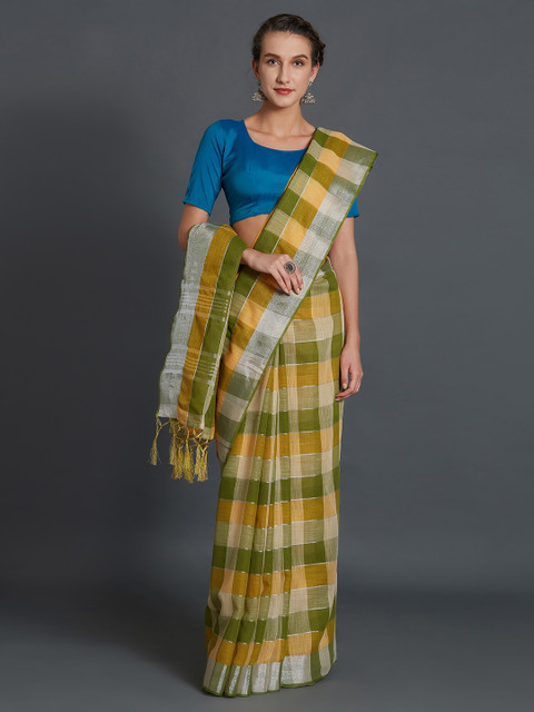 

Mitera Yellow & Green Silk Cotton Striped Saree