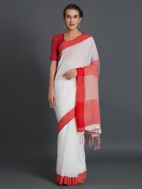 

Mitera White & Red Silk Cotton Striped Saree