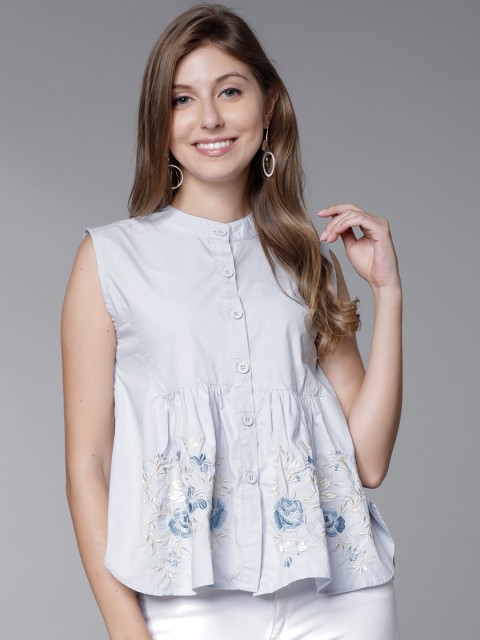 

Tokyo Talkies Women Blue Embroidered A-Line Pure Cotton Top