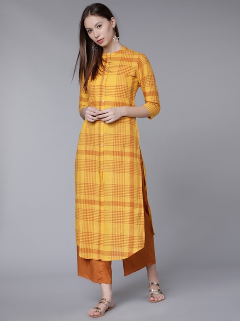 

Vishudh Women Mustard & Orange Checked Straight Kurta