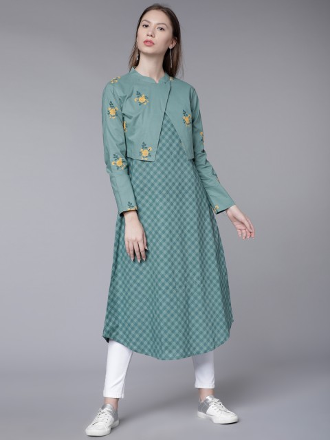 

Vishudh Women Green Checked A-Line Kurta
