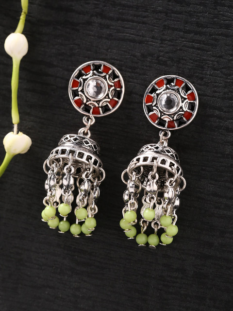 

Studio Voylla Silver-Toned & Red Dome Shaped Oxidised Jhumkas