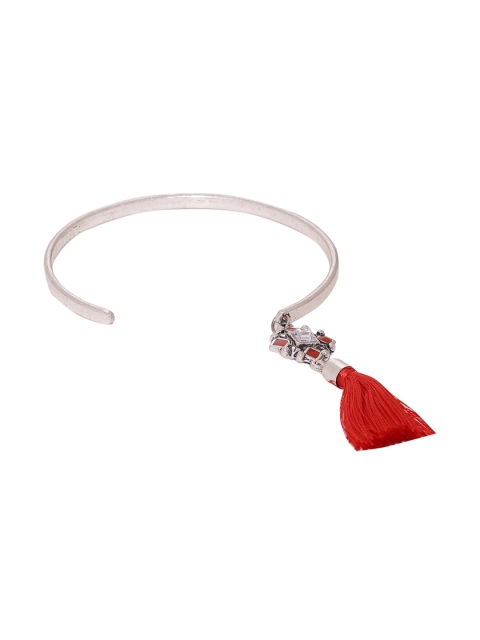 

Studio Voylla Silver-Toned & Red Alloy Rhodium-Plated Tasselled Cuff Bracelet
