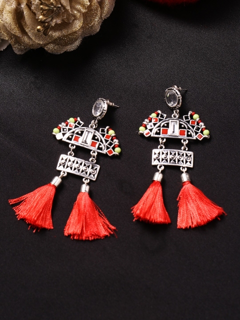 

Studio Voylla Silver-Toned & Red Rhodium-Plated Quirky Drop Earrings