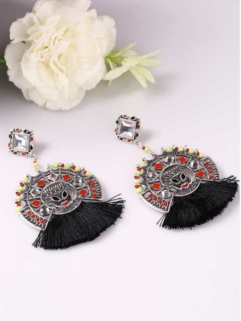

Studio Voylla Silver-Toned Rhodium-Plated Embellished Theyyam Drop Earrings