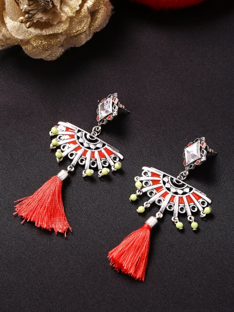 

Studio Voylla Silver-Toned & Red Rhodium-Plated Quirky Drop Earrings